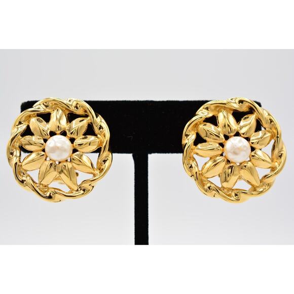 Givenchy Vintage Clip On Earrings Flower Pearl Round Runway Signed 1980s BinAI - Picture 1 of 12